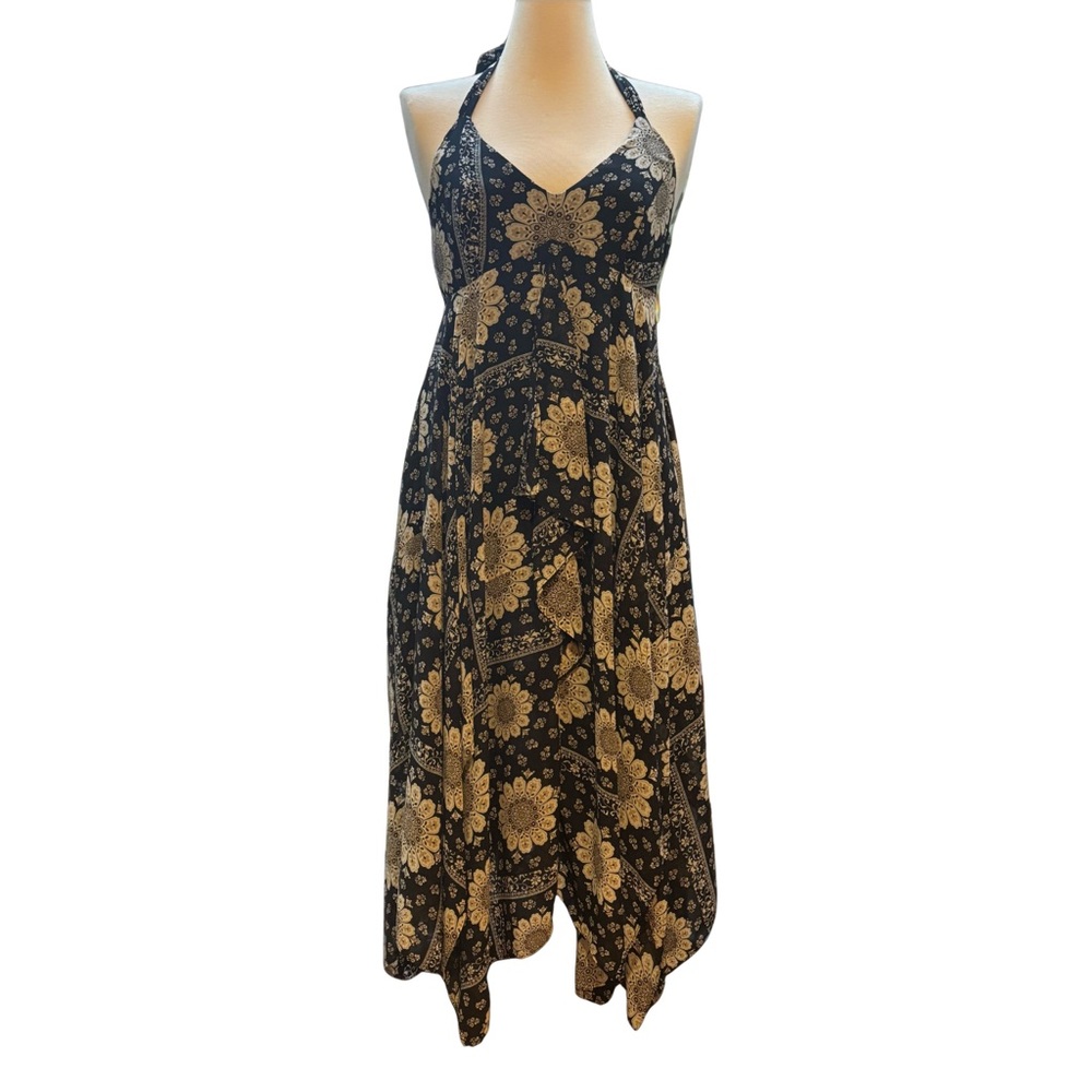 Vintage 90s Y2K Black White Floral Halter Boho Festival Midi Maxi Dress Size 8